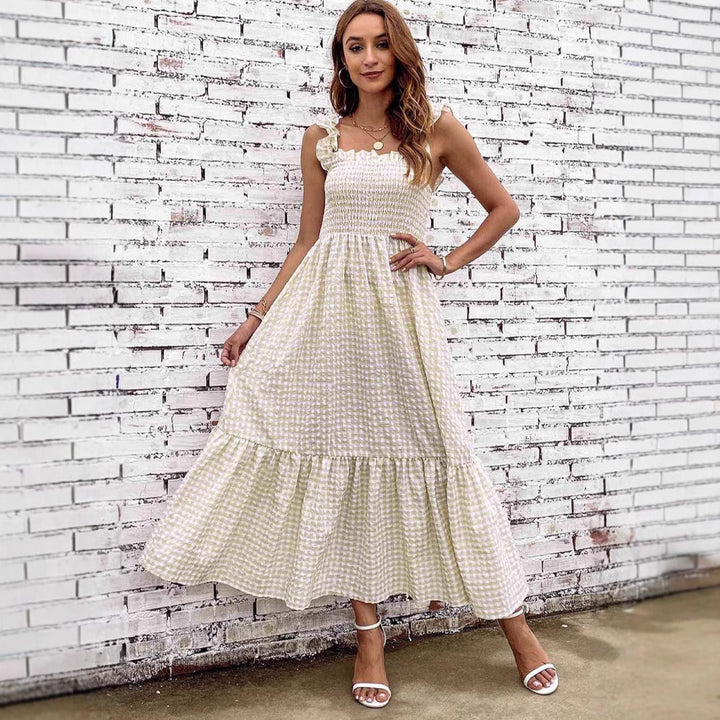 Women’s Midi Dress – Gingham Pattern – Smocked Bodice – Ruffled Straps – Flowy Skirt