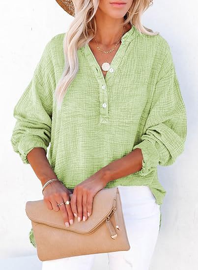 Women’s Long Sleeve Top – Relaxed Fit – Pleated Front – Button Detail – Natural Fibers