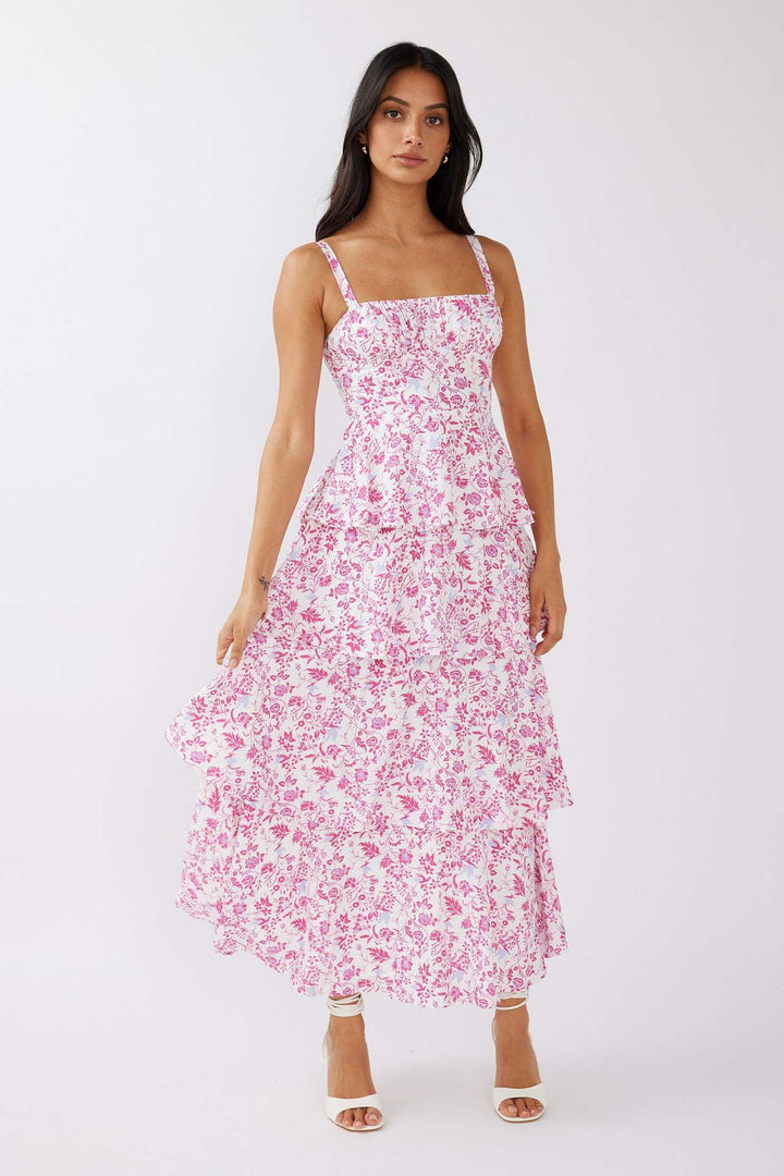 Women’s Maxi Dress - Tiered Ruffle Skirt - Square Neckline - Fitted Waist - Floral Print