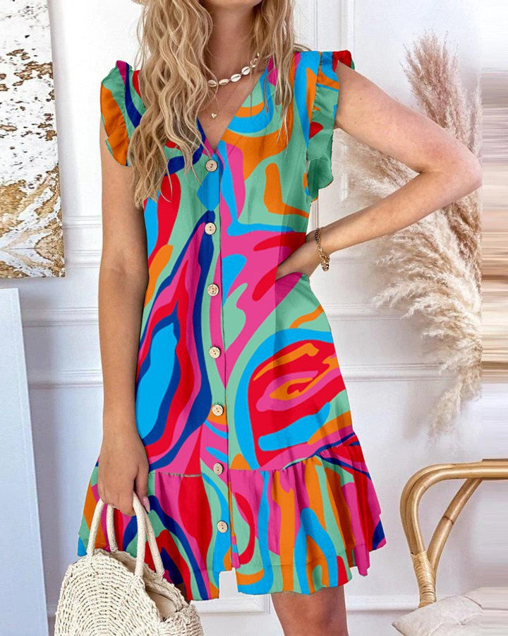 Women’s A-Line Dress – Floral Print – V-Neck – Sleeveless Ruffle – Button-Up Front