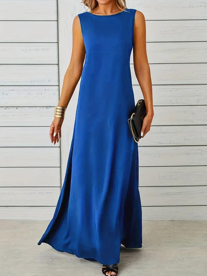 Women’s Maxi Dress – Sleeveless A-Line – Lightweight Fabric – High Neck Minimalist Style