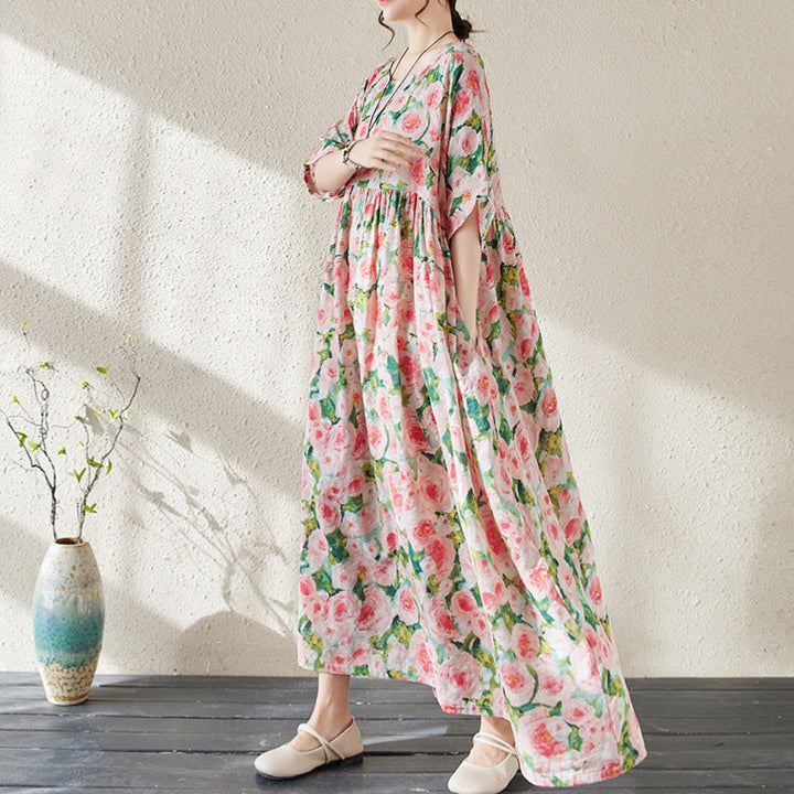 Women’s Maxi Dress - Loose Fit - Floral Pattern - Half Sleeve - Lightweight Cotton