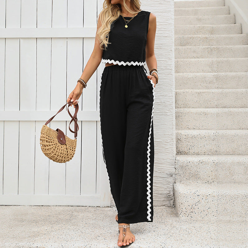 Women’s Two-Piece Set – Sleeveless Cropped Top & Full-Length Pants – Soft Knit Relaxed Fit