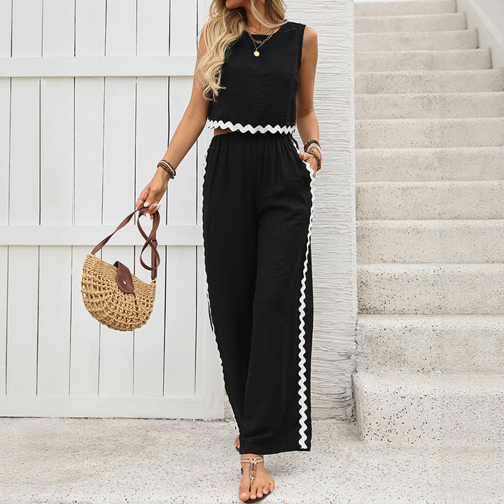 Women’s Two-Piece Set – Sleeveless Cropped Top & Full-Length Pants – Soft Knit Relaxed Fit