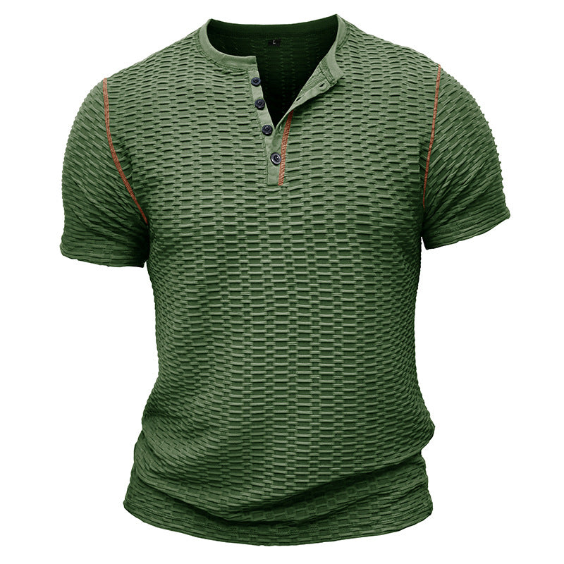 Men’s Henley Shirt - Slim Fit - Textured Fabric - Short Sleeve