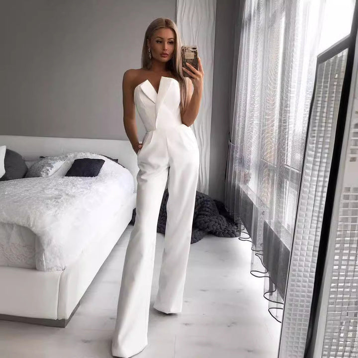 Women’s Jumpsuit - Strapless Asymmetric Neckline - Tailored Fit - Wide Leg Silhouette
