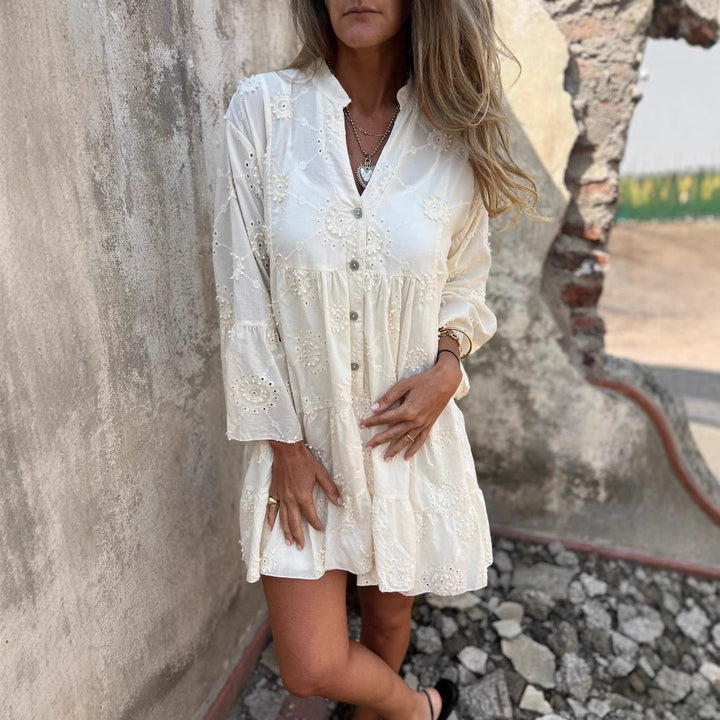 Women’s Dress – Eyelet Embroidered – V-Neck – Long Sleeve – Tiered Relaxed Fit