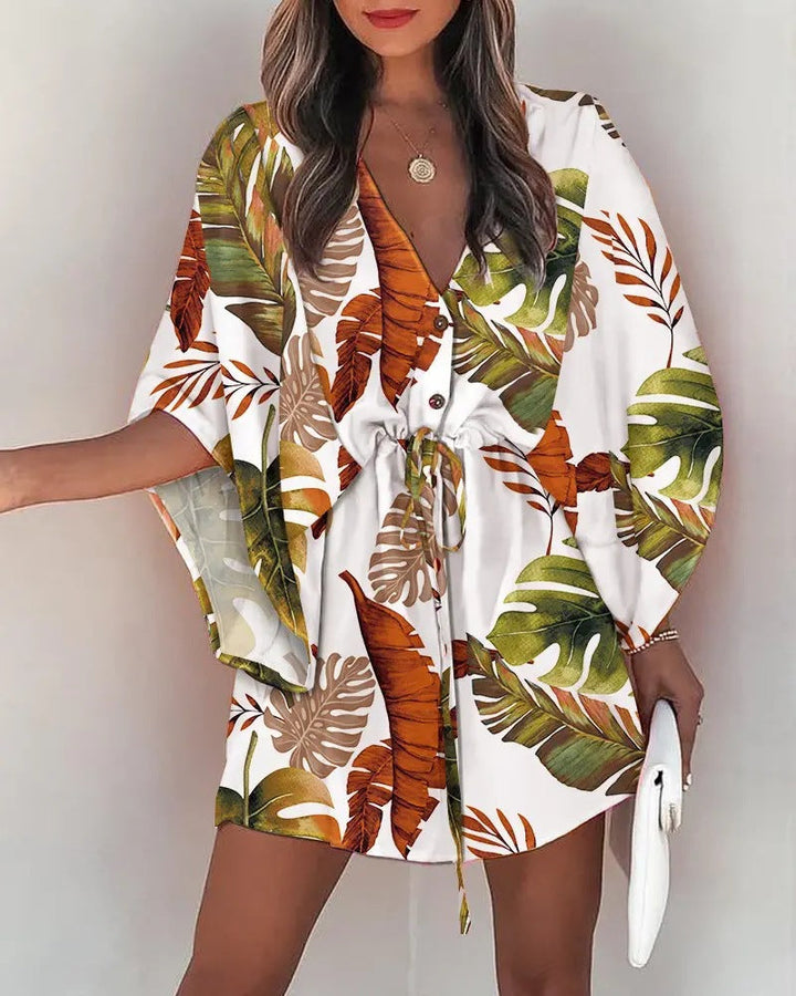 Women’s Mini Dress – Flowy Fit – V-Neck – Lace-Up Waist – Flutter Sleeve – Button Front