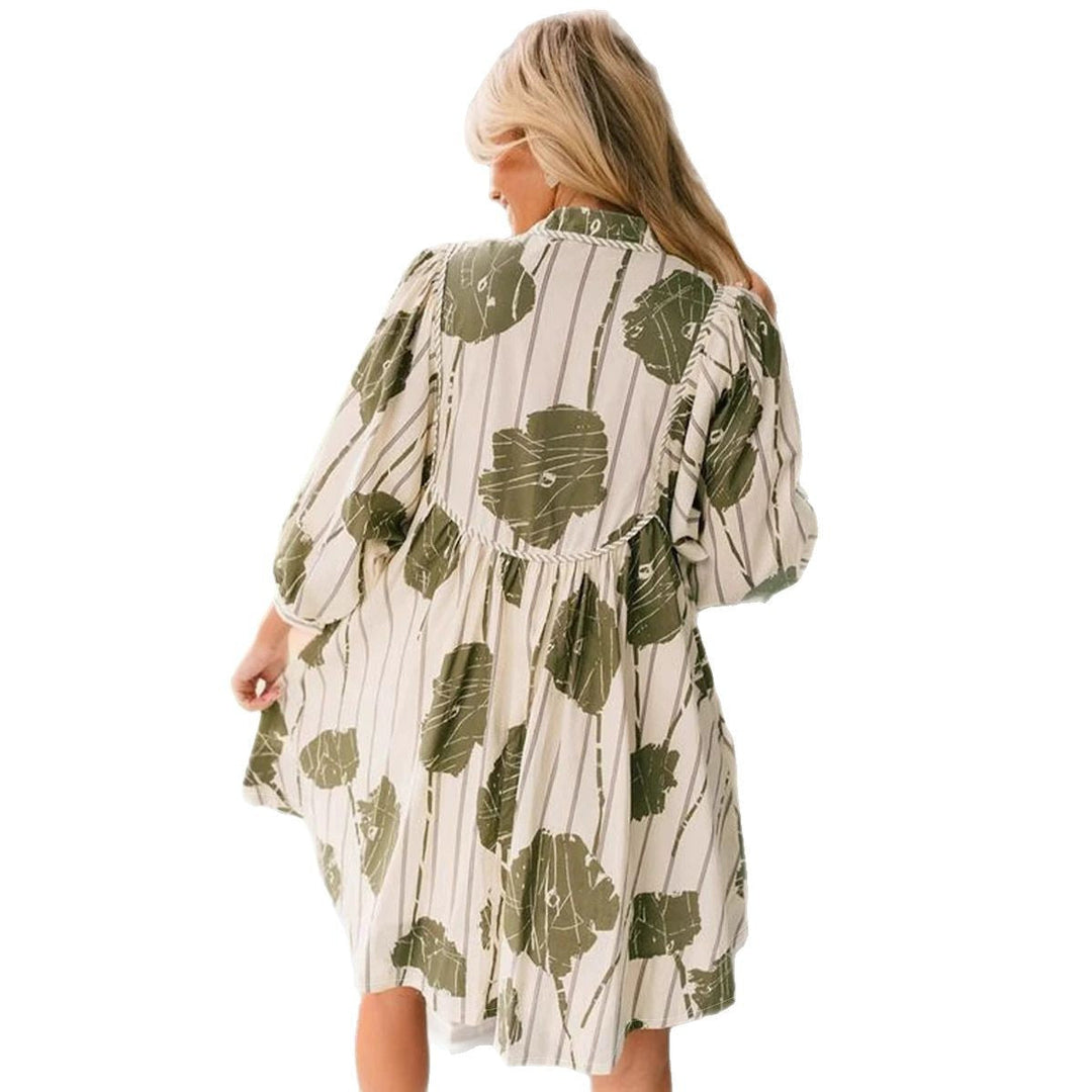Women's Dress - Lightweight Cotton Blend - V-Neck - Puff Long Sleeve - Flowy Fit