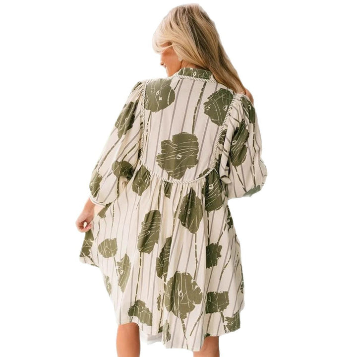 Women's Dress - Lightweight Cotton Blend - V-Neck - Puff Long Sleeve - Flowy Fit