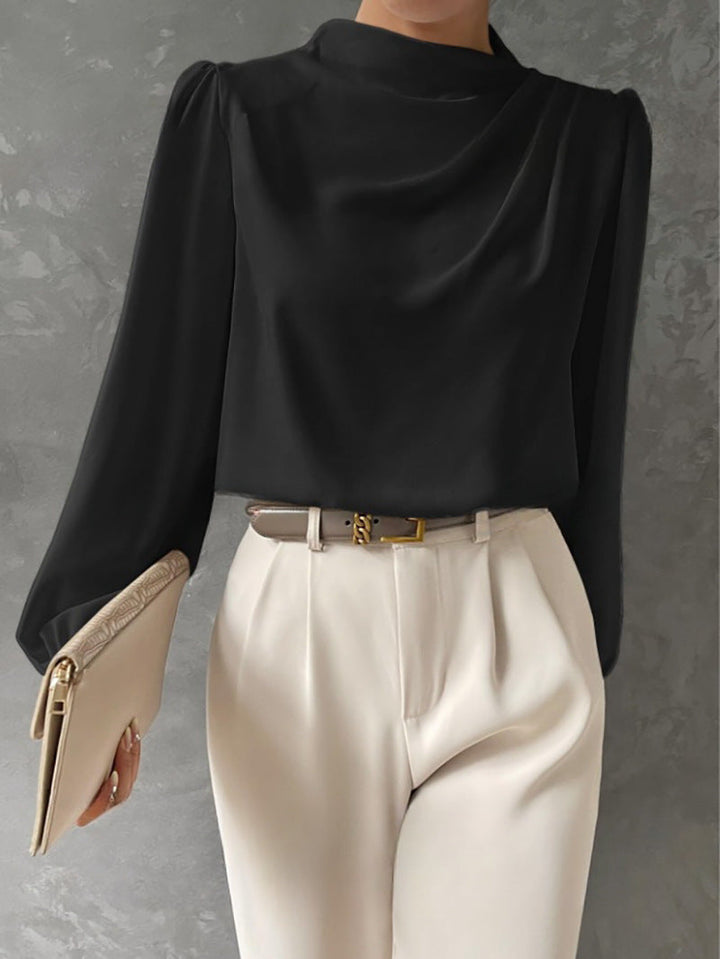 Women’s Blouse – Relaxed Fit – High Neck – Long Sleeve – Draped Details