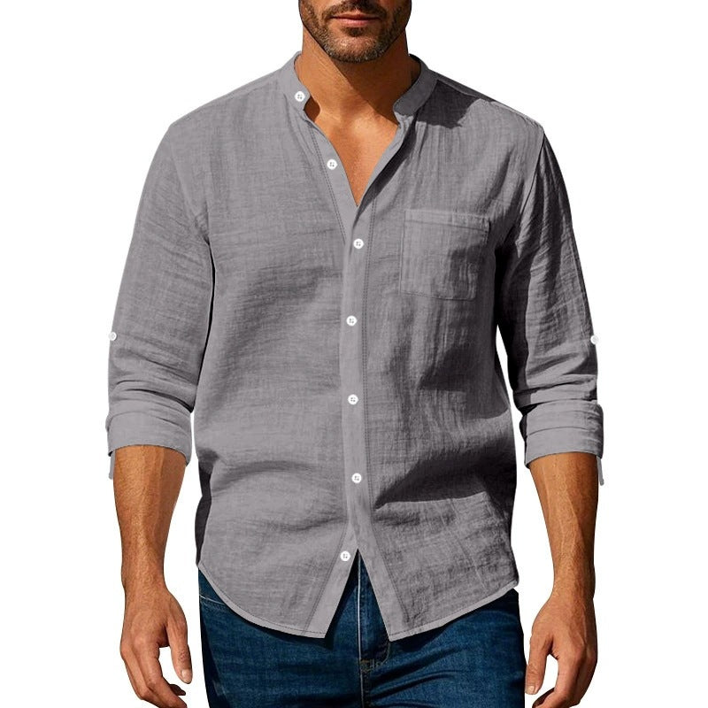 Men’s Long Sleeve Shirt - Relaxed Fit - Linen - Band Collar - Button Tab Sleeves