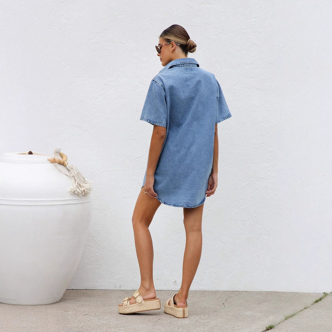 Women’s Shirt Dress – Denim – Relaxed Fit – Short Sleeve – Button-Down – Chest Pockets