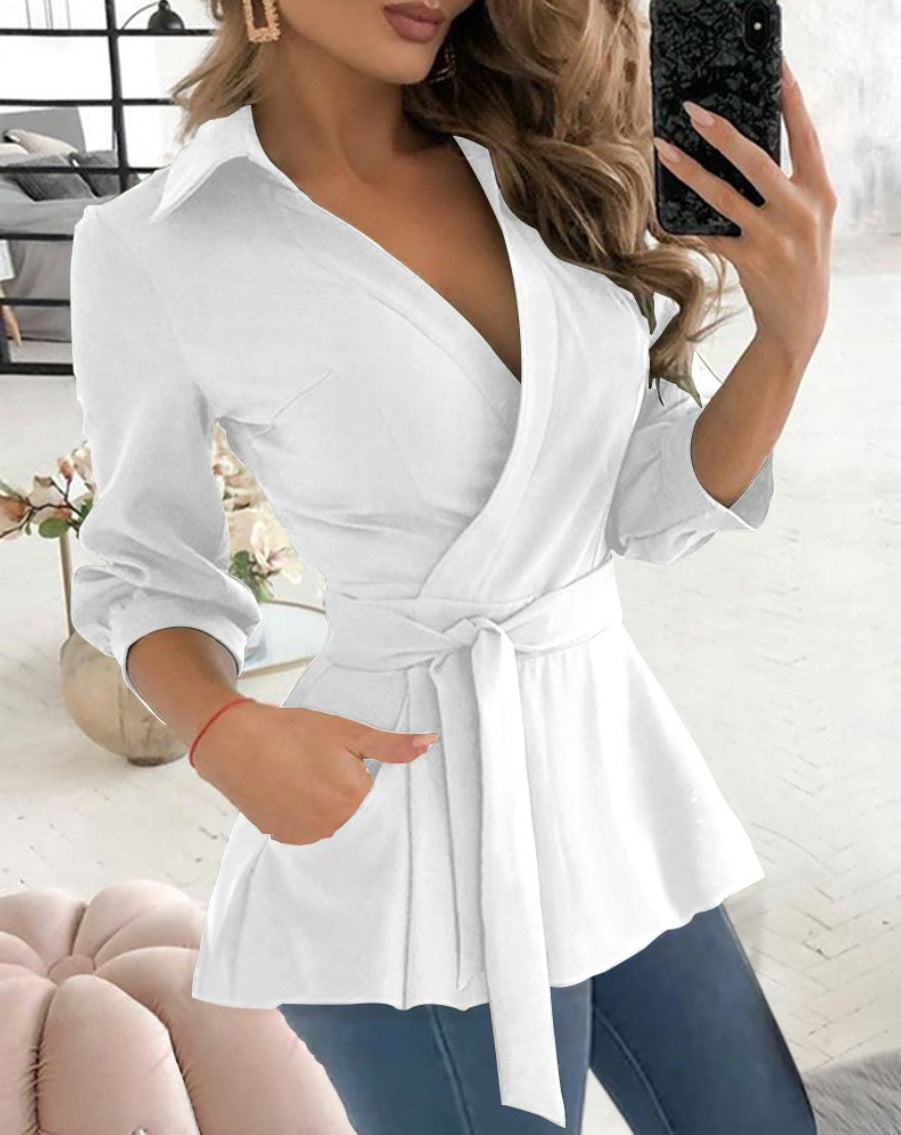 Women’s Blouse – Fitted Silhouette – V-Neck – Tie Waist – Long Sleeve – Collared Top