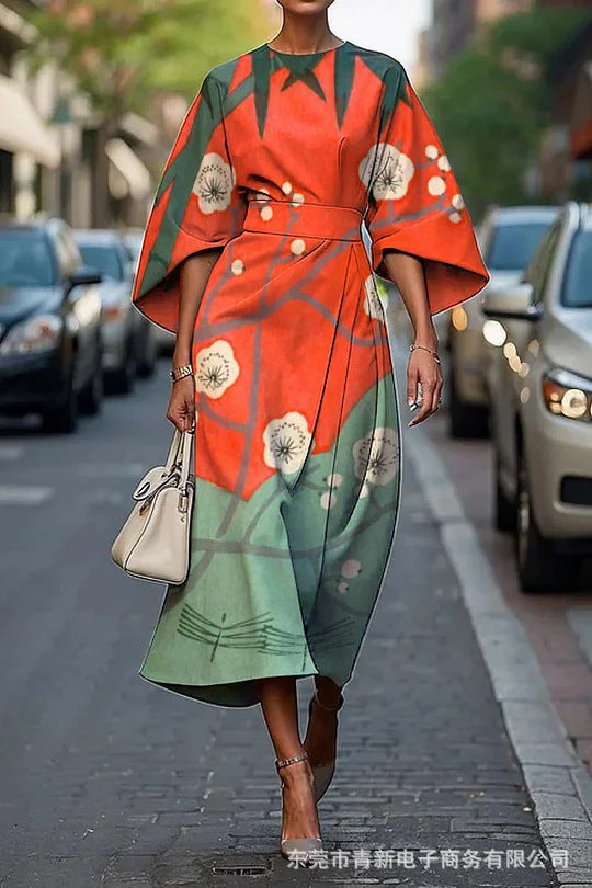 Women’s Midi Dress – Luxury Fabric – A-Line Fit – Kimono Sleeves – Floral Print