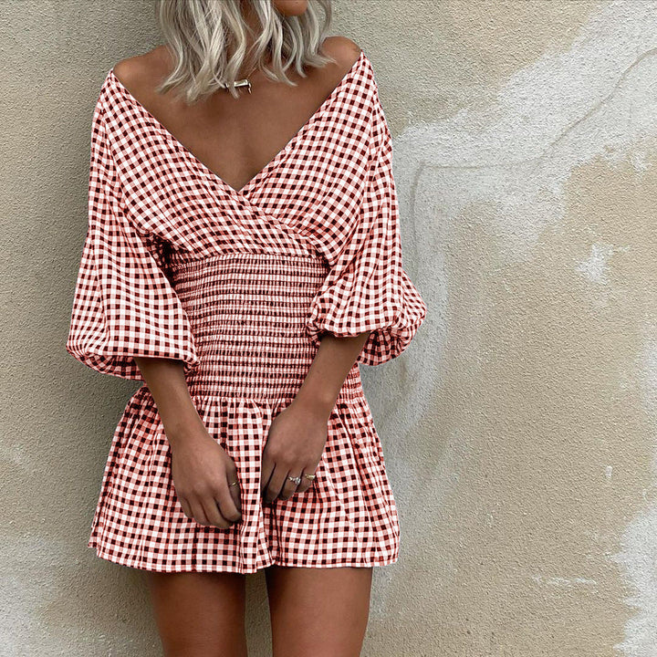 Women’s Mini Dress – Wrap V-Neck – Puff 3/4 Sleeves – Shirred Waist – A-Line Fit