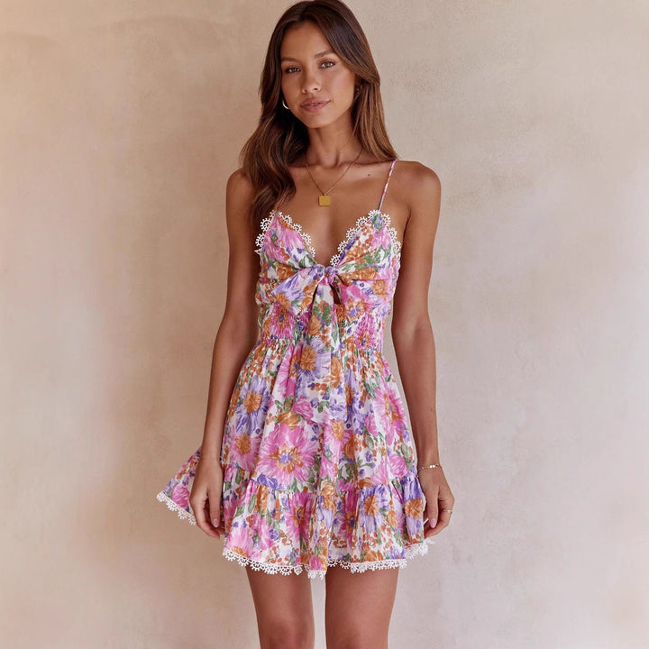 Women’s Mini Dress – Cotton Blend – Floral Print – Spaghetti Straps – Lace Trim – Fit & Flare