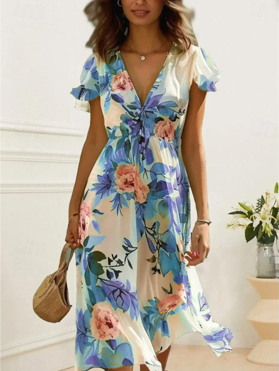 Women’s Maxi Dress – Lightweight Fabric – V-Neck – Flutter Sleeves – Relaxed Fit
