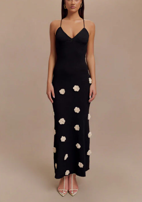 Women’s Maxi Dress - Slim Fit - V-Neck - Spaghetti Straps - 3D Floral Appliqués