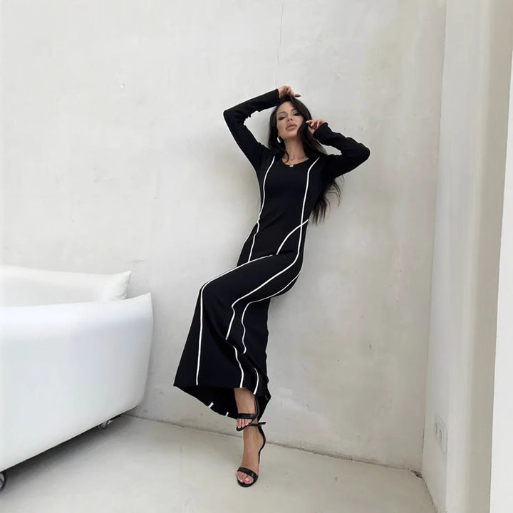 Women’s Long Sleeve Dress - Floor Length - Slim Fit - Scoop Neck - Contrast Piping