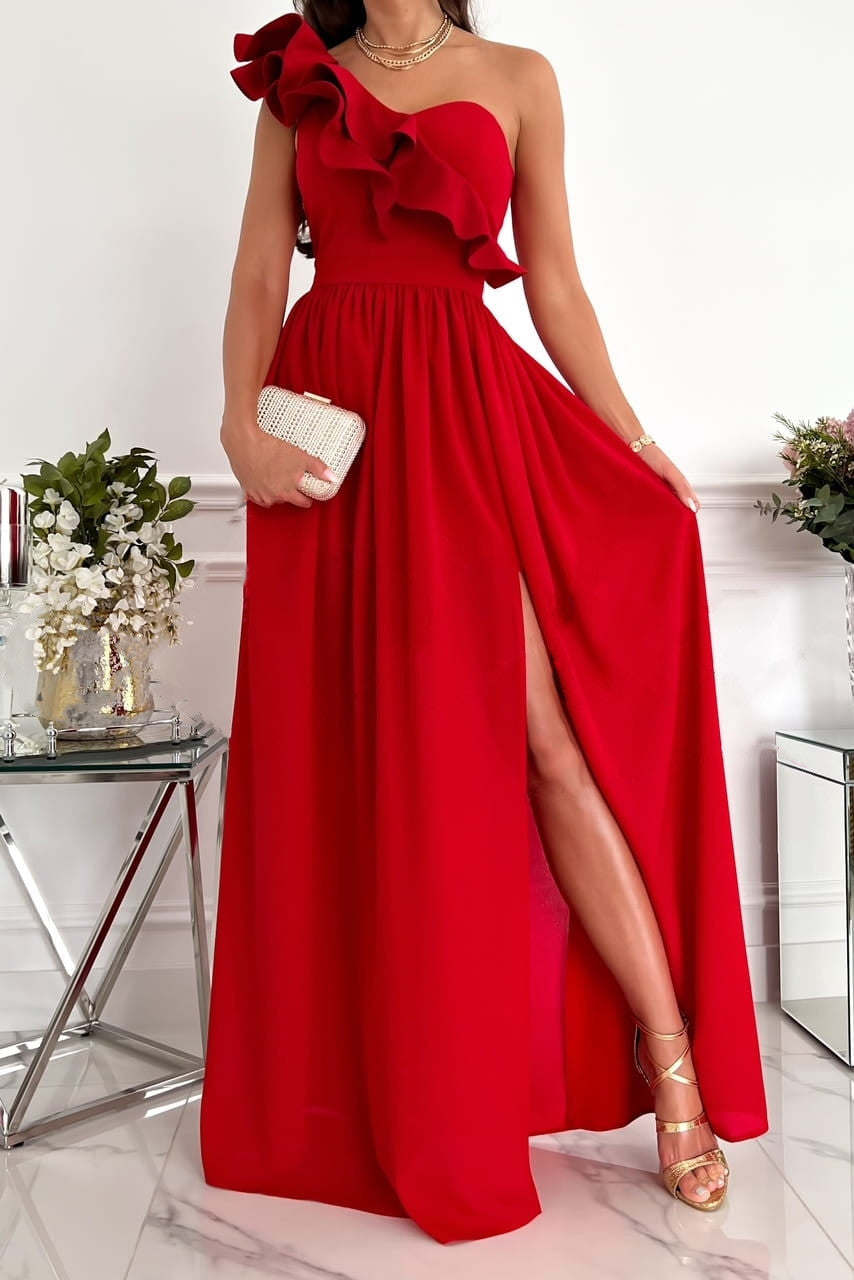 Women’s Evening Dress – One-Shoulder Ruffle – Flowy Silhouette – Slit Maxi Skirt