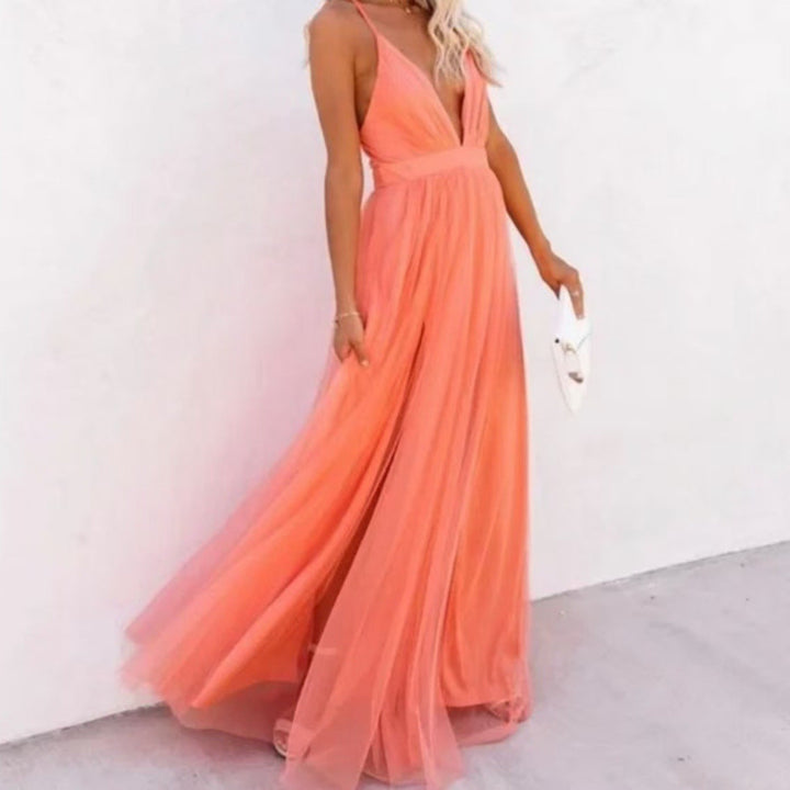 Women’s Evening Gown – Sleeveless A-Line Fit – Plunging V-Neck – Flowy Lightweight Fabric