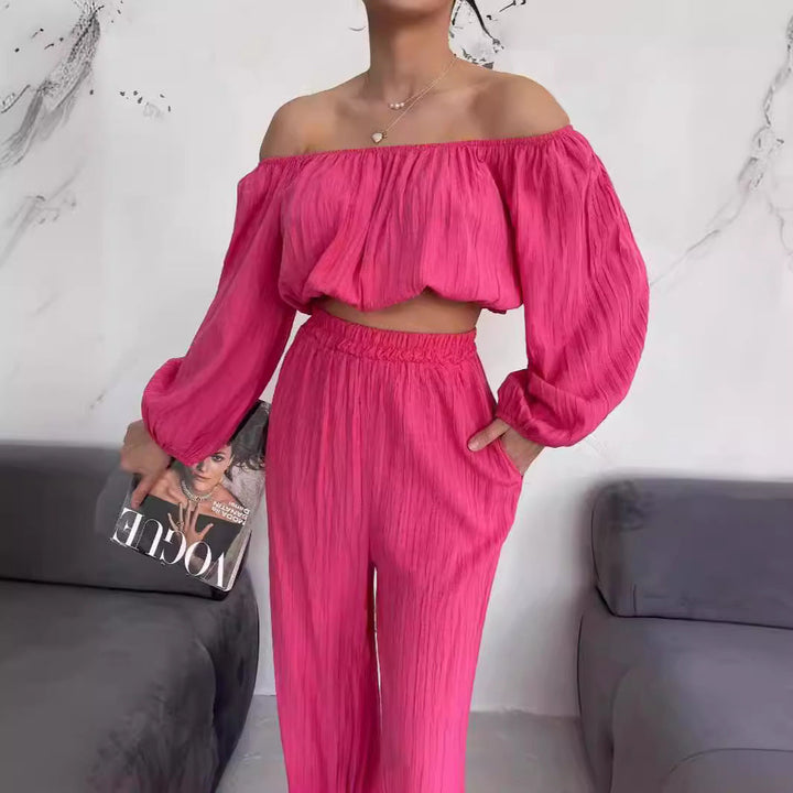 Women’s Two-Piece Set – Off-Shoulder Crop Top – Long Sleeve – High-Waist Wide-Leg Pants