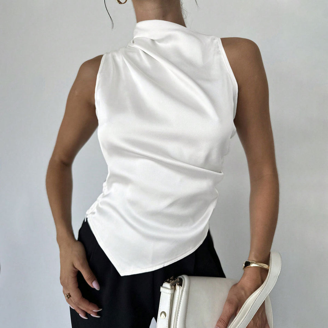 Women’s Sleeveless Blouse - Slim Fit - High Neck - Draped Front - Luxury Fabric