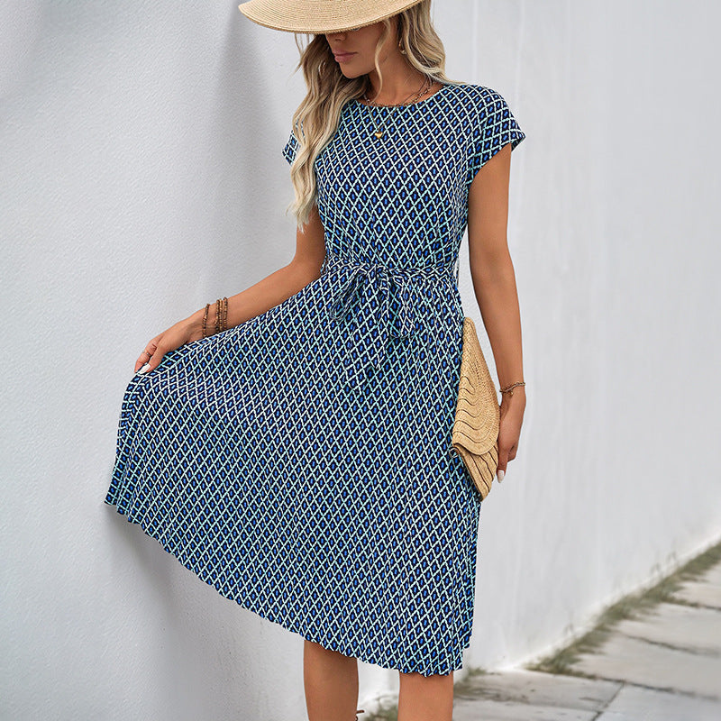 Women’s Midi Dress - Relaxed Fit - Tie Waist - Short Sleeve - Breathable Blend - Graphic Pattern