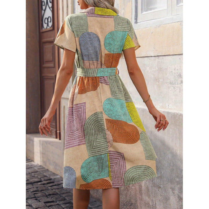 Women’s Shirt Dress – Cotton – Relaxed Fit – Belted Waist – Knee Length – Patterned