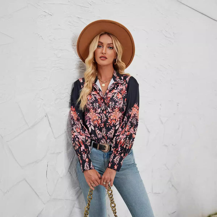 Women’s Blouse - Relaxed Fit - Long Sleeve - Button Down Stand Collar - Floral Print
