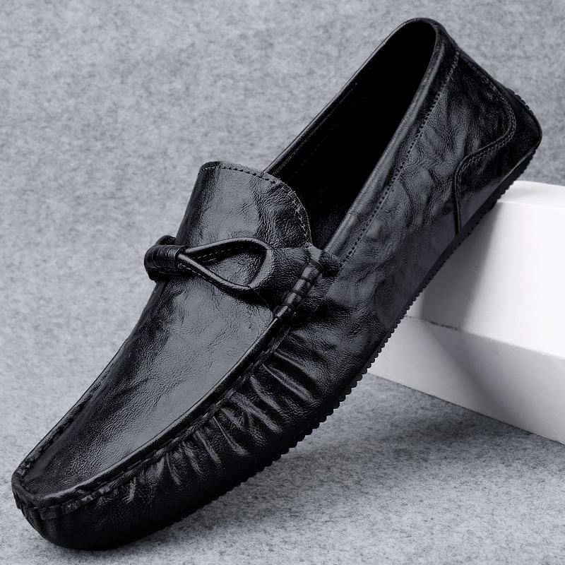 Men’s Leather Loafers – Slip-On Comfort – Decorative Tie – Printed Detailing – Casual Fit