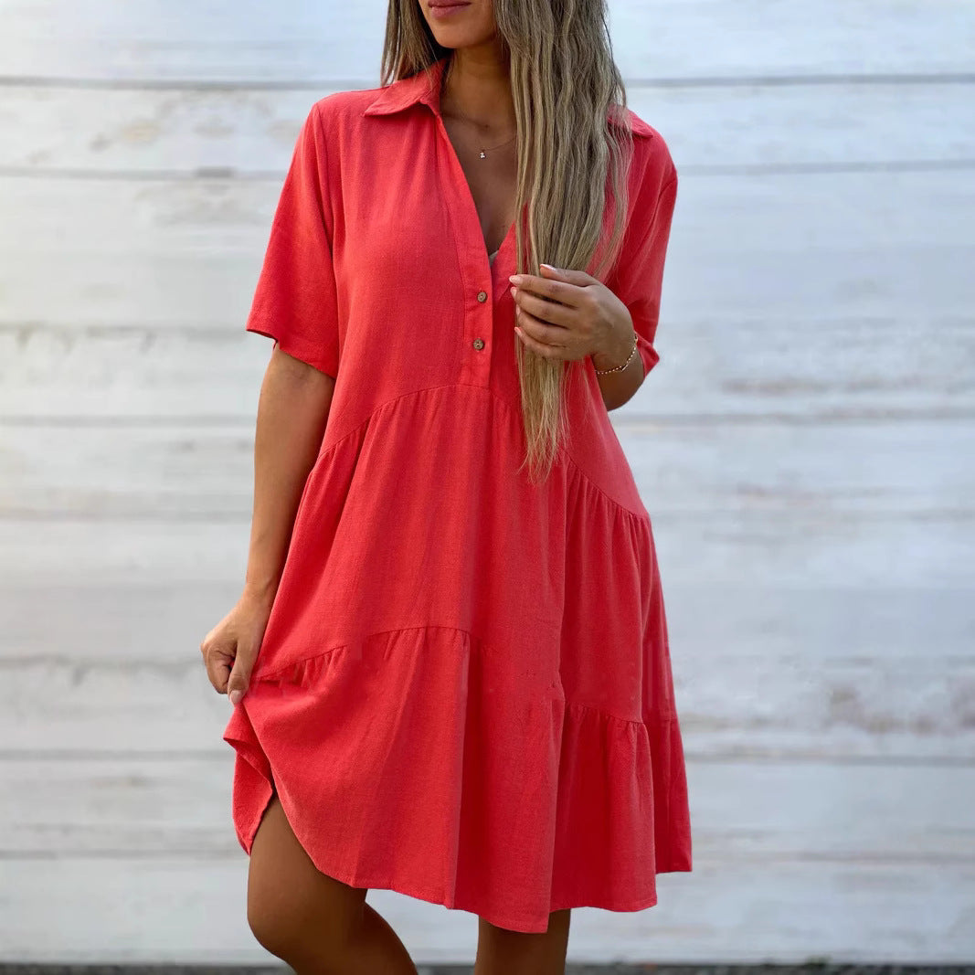 Women's Swing Dress - Relaxed Fit - Natural Fibers - Button-Up Front - Tiered Skirt