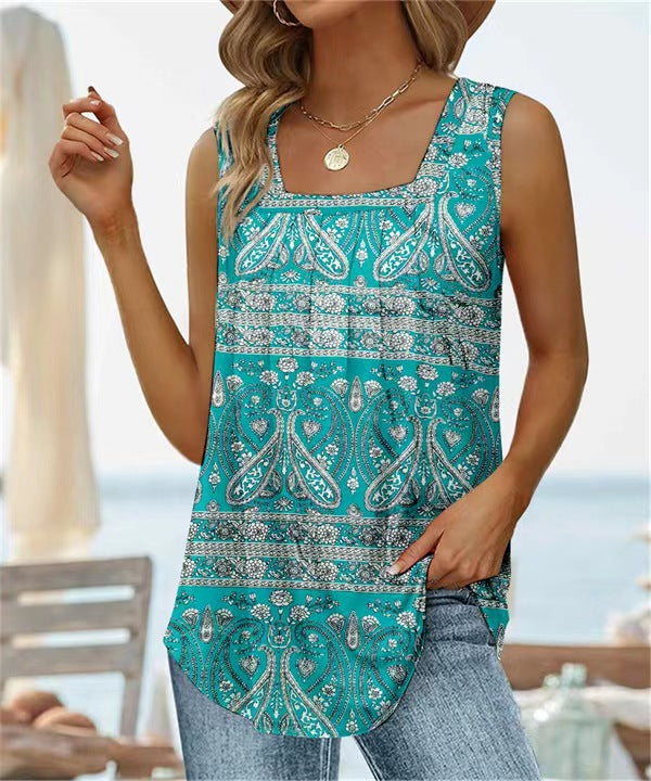 Women’s Sleeveless Vest T-Shirt – Square Neck – Floral Print – Relaxed Fit – Breathable Blend