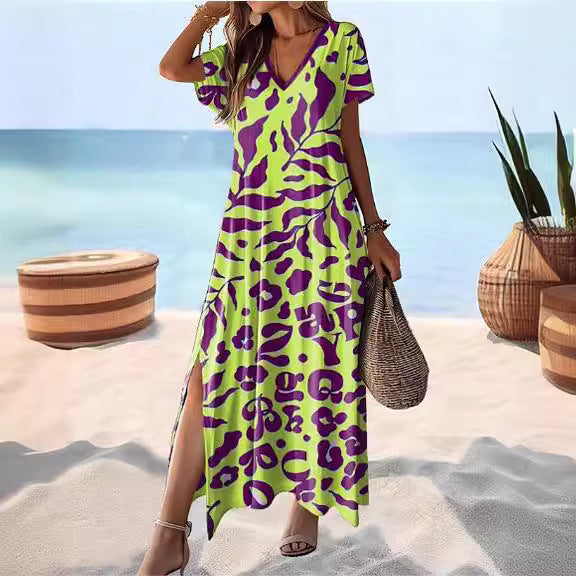 Women's Maxi Dress - Relaxed Fit - V-Neck - Short Sleeve