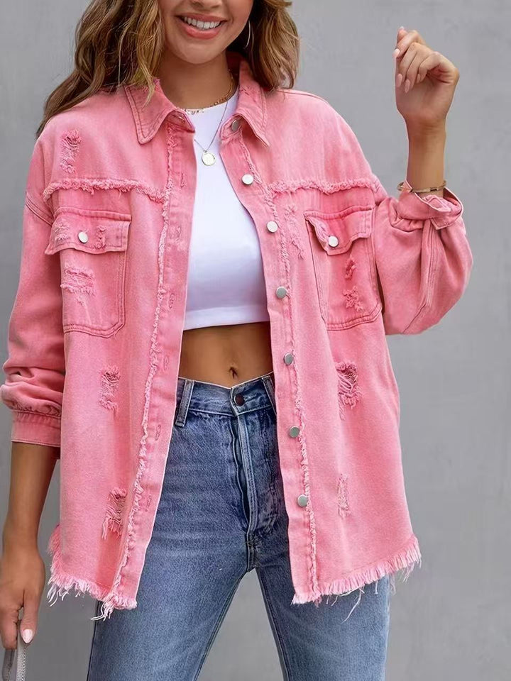 Women’s Denim Jacket – Oversized Fit – Mid Length – Distressed Frayed Casual Layer
