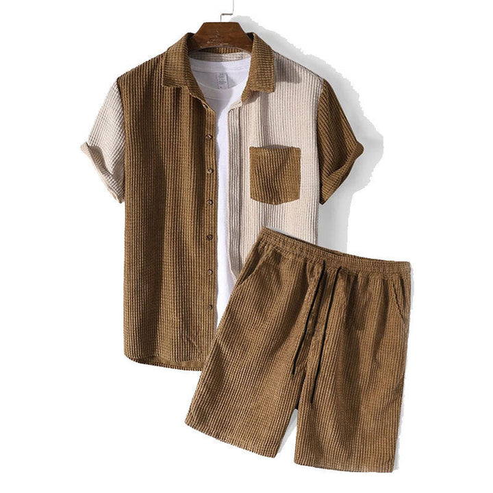 Men’s Two-Piece Set – Waffle Texture – Relaxed Fit – Button-Up Shirt & Drawstring Shorts