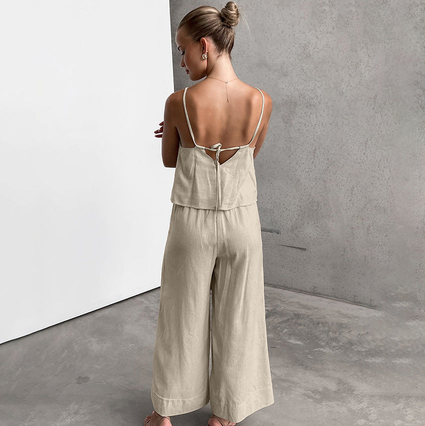 Women’s Jumpsuit - Lightweight Cotton Linen - Relaxed Fit - Spaghetti Straps - Drawstring Waist