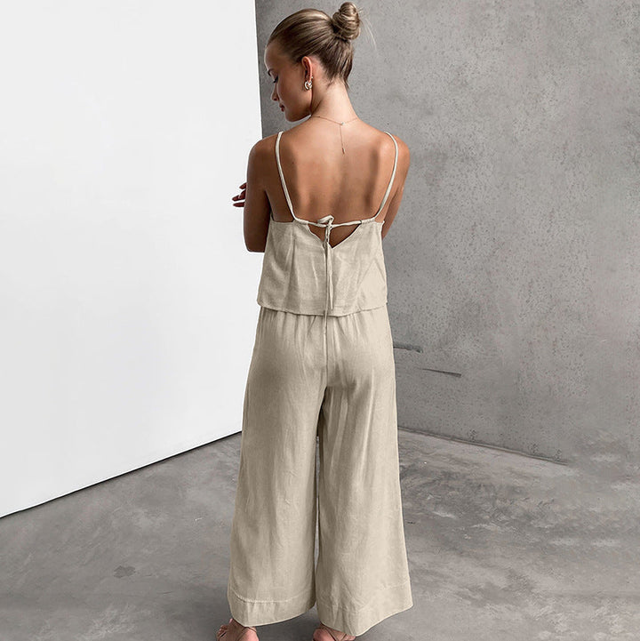 Women’s Jumpsuit - Lightweight Cotton Linen - Relaxed Fit - Spaghetti Straps - Drawstring Waist