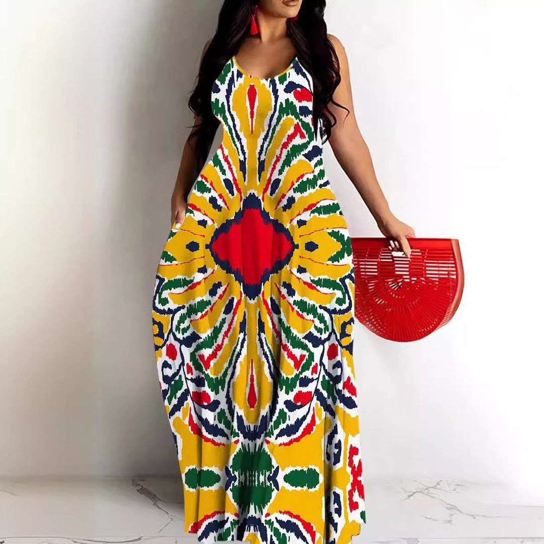 Women’s Maxi Dress – Flowy Fit – Deep V-Neck – Spaghetti Straps – Abstract Print
