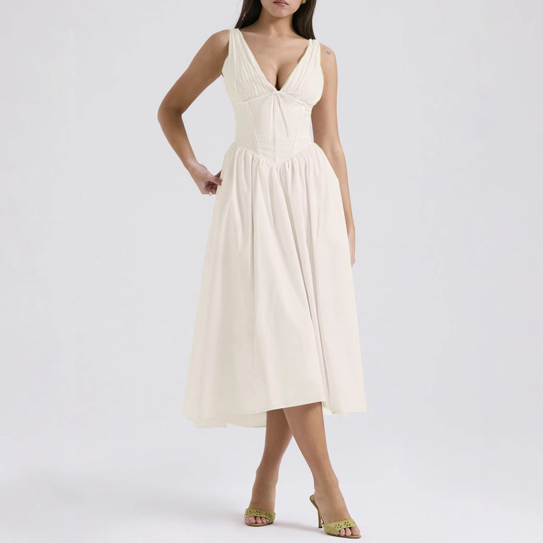Women’s A-Line Dress – V-Neck – Lightweight Fabric – Midi Length – Floral Print