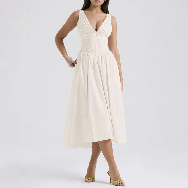 Women’s A-Line Dress – V-Neck – Lightweight Fabric – Midi Length – Floral Print