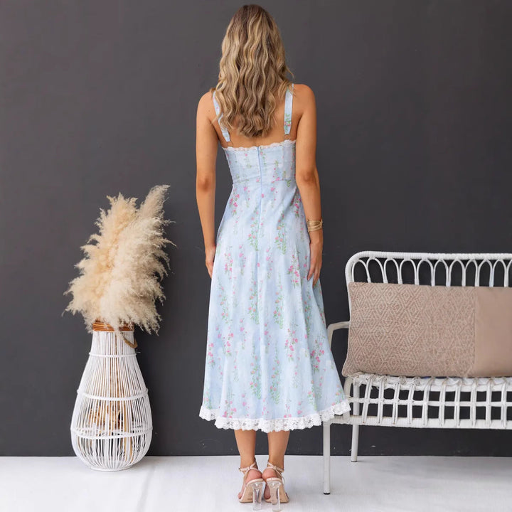 Women’s Midi Sundress - A-Line Fit - Sweetheart Neckline - Lace Trim - Floral Print