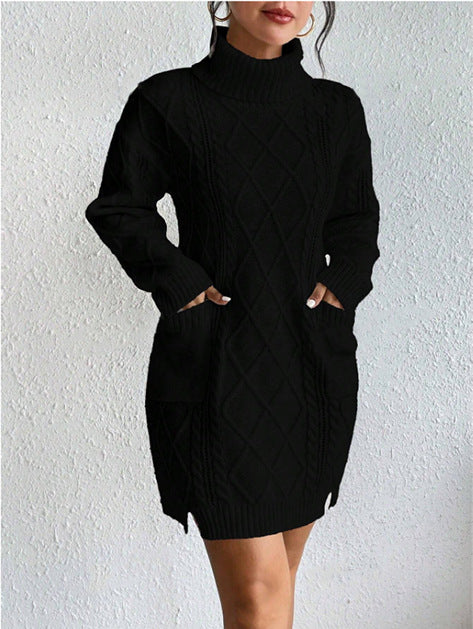 Women’s Sweater Dress - Cable Knit Diamond Pattern - Turtleneck - Long Sleeve Cozy Fit