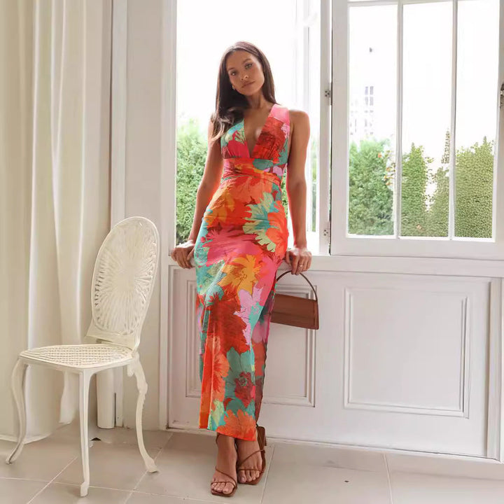 Women’s Maxi Dress – Halter Neck – Plunging V-Neck – Fitted Waist – Flowy Lightweight Fabric