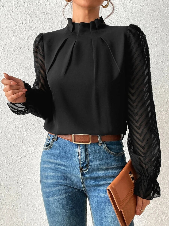 Women’s Blouse – Relaxed Fit – High Neck – Sheer Sleeves – Elegant Silhouette