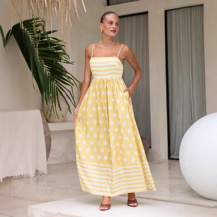 Women’s Maxi Dress – Lightweight Cotton – Spaghetti Strap – Polka Dot & Stripe Pattern – Relaxed Fit – With Pockets