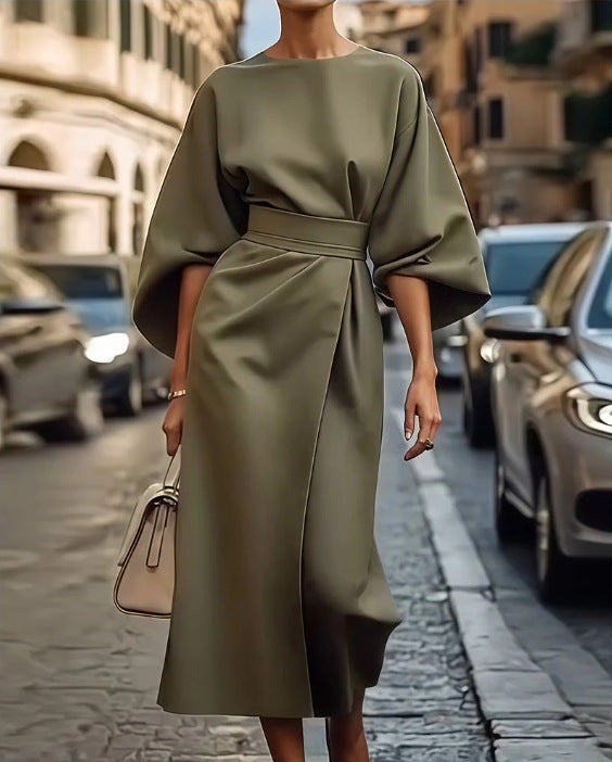 Women’s Long Dress - Draped Fit - Belted Waist - ¾ Sleeve - Elegant Eveningwear