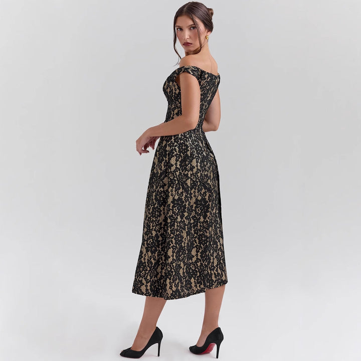 Women’s Evening Gown - Off-Shoulder Lace Overlay - Fitted Bodice - Flowing Skirt