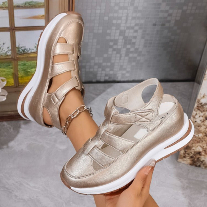 Women’s Wedge Sandals – Closed Toe – Cut-Out Design – Cushioned Platform – Velcro Straps